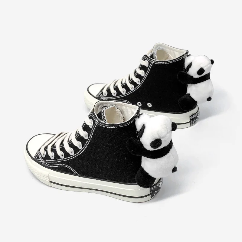 Amy and Michael Lovely Panda Dolls Canvas Shoes Students Women\'s Vulcanized Shoes Fashion Woman Casual High Top Black Sneakers