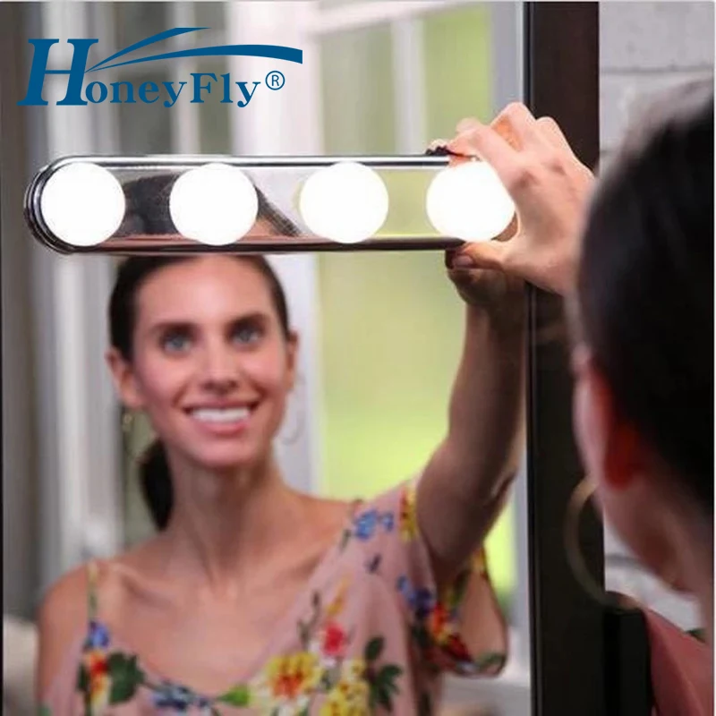 

HoneyFly Led Makeup Mirror Light 4 Bulb Suction Cup Installation Dressing Table Vanity Light Wall Lamp AA Battery Powered