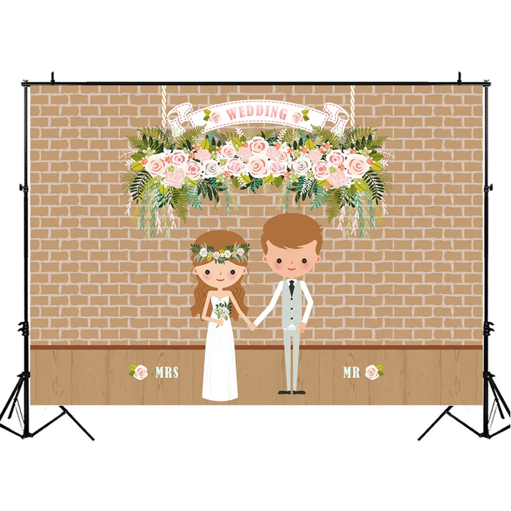 MOCSICKA Brick Wall Wedding Backdrop Photography Cartoon Character Bridegroom Bride Wedding Party Background Decoration Flowers