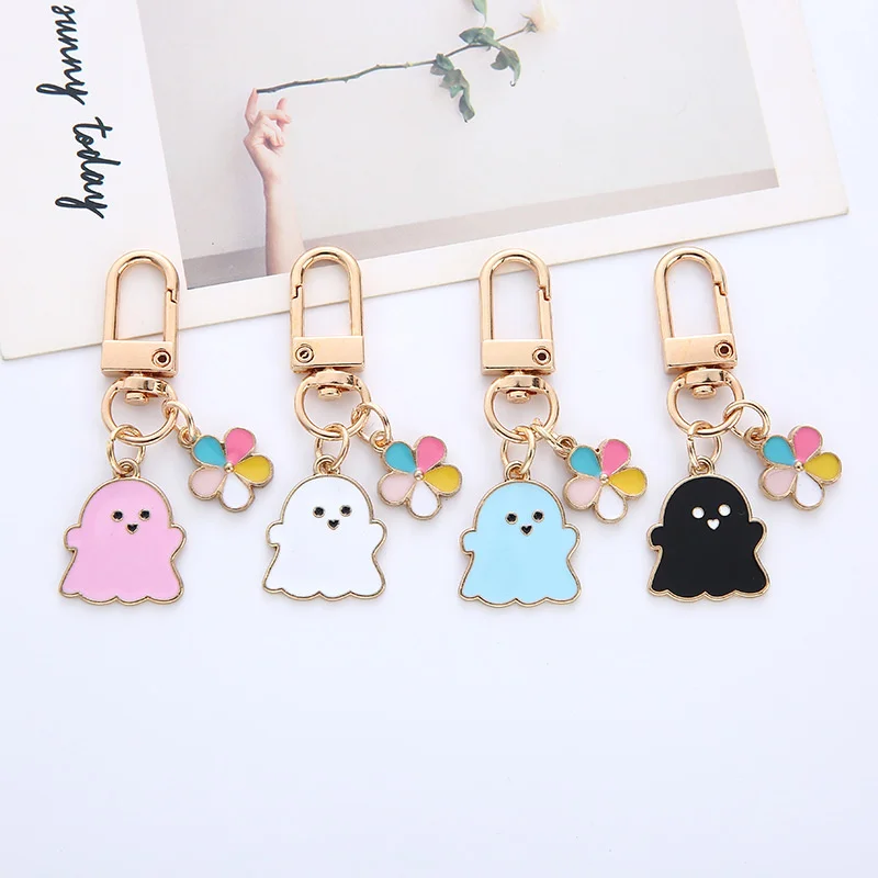 Korean Halloween Little Ghost Flower Key Holder Colorful Funny Kawaii Backpack Decorative Pendant Toy Kirsite Cute Keychain Gift