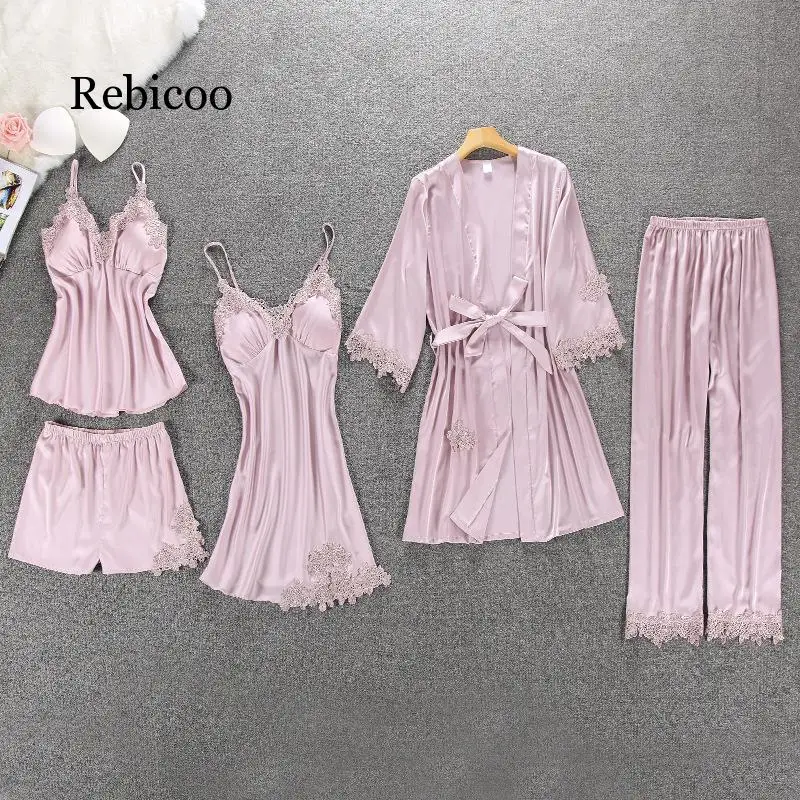 

Sexy Women Pajamas 5 Pieces Sets Satin Sleepwear Pijama Silk Home Wear Embroidery Sleep Lounge Pyjama with Chest Pads