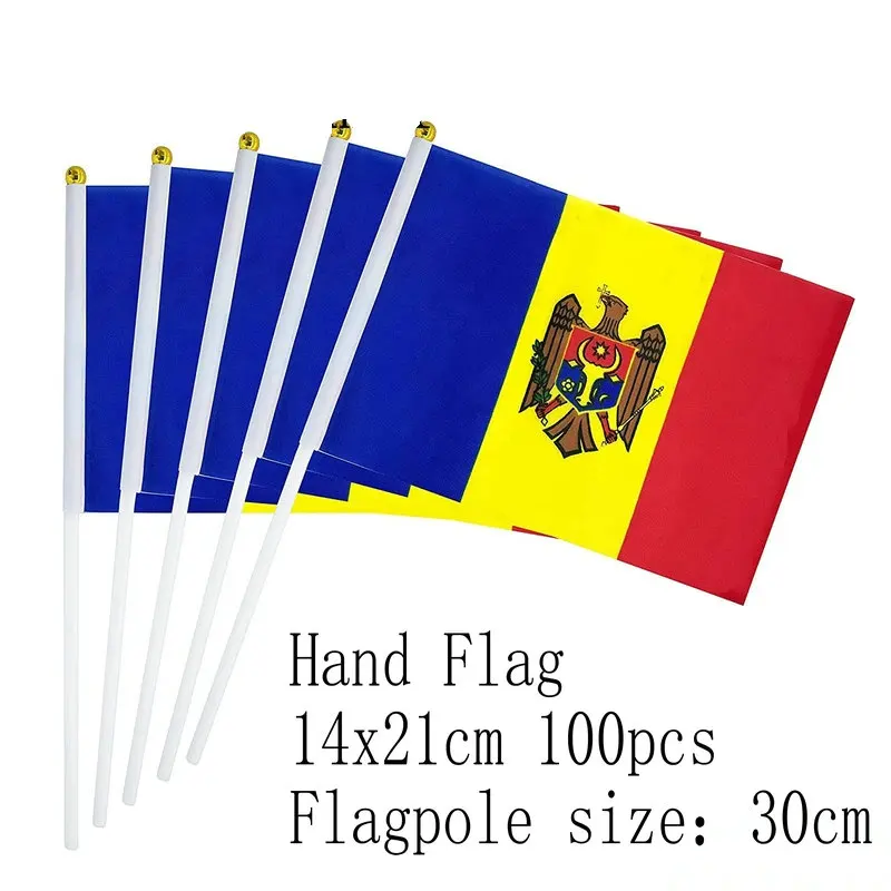 moldova Hand Flag 14*21cm 10/20/50/100pcs polyester moldova Small Hand waving Flag with plastic flagpole for decoration