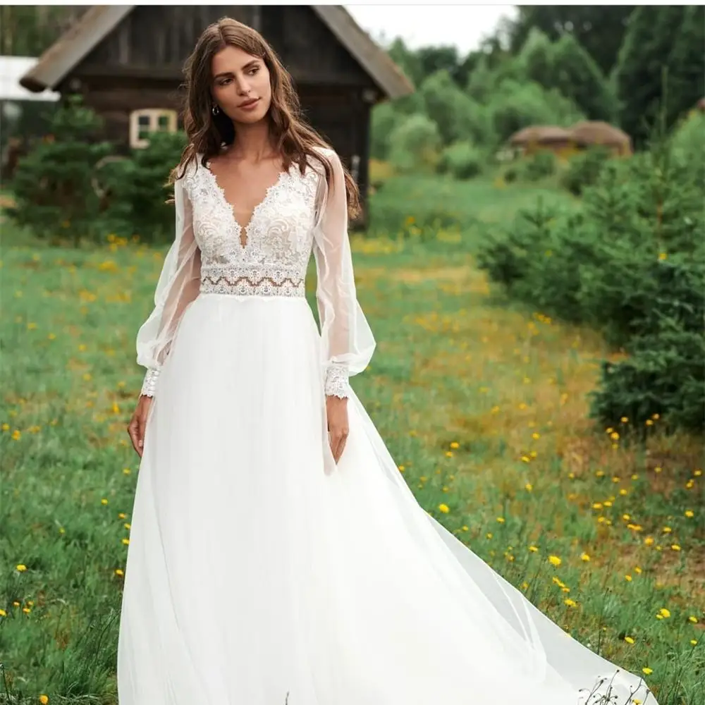 Robe de mariée à manches longues bouffantes et col en V pour femmes, appliques dos nu, robe de patients, tulle, longueur au sol, sur mesure