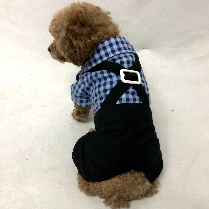 TOMEPETS Pet Clothing Blue Lattice Dog Shirt 7 Sizes Available Wedding Jumpsuit with Black Bow Tie and Pockets