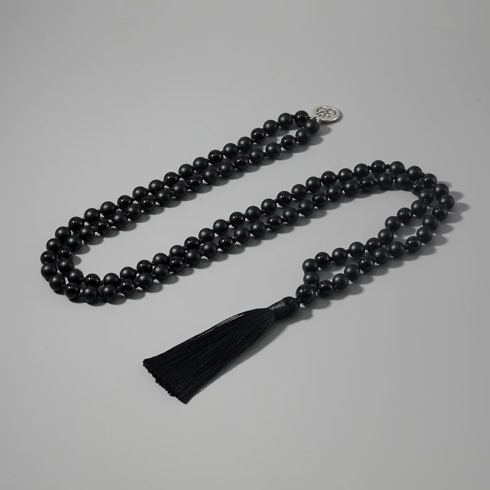 8mm Black Onyx Beaded 108 Mala Knotted Necklace Meditation Yoga  Japamala Jewelry for Women