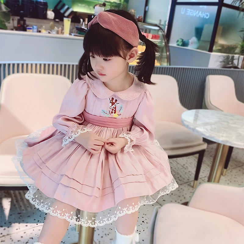 Baby Girl Autumn Spring Summer Deer Pink Long Sleeve Vintage Spanish Turkish Lolita Princess Gown Dress for Casual Birthday