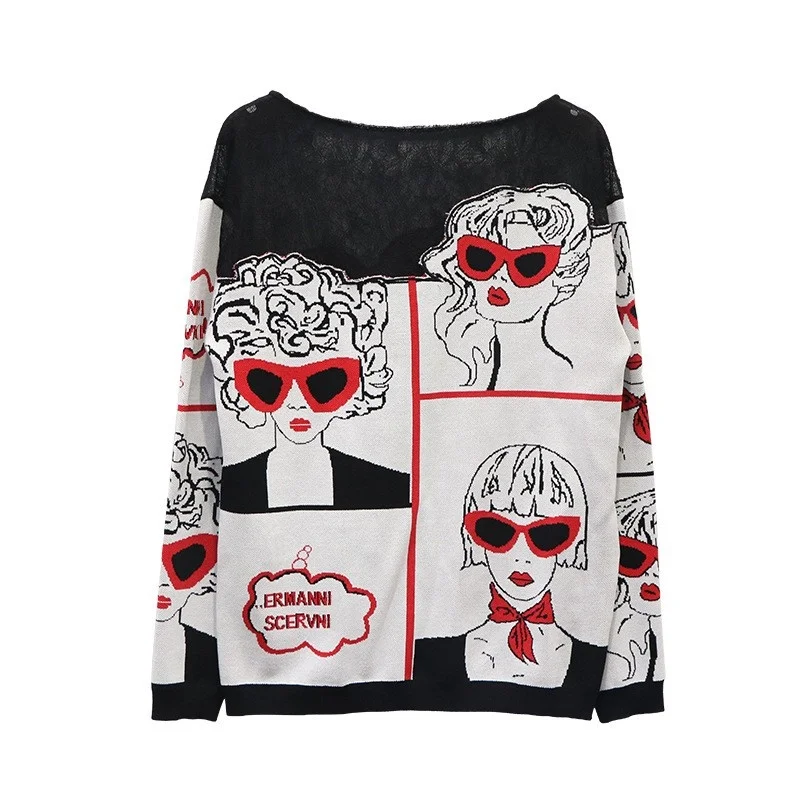 Autumn Women Casual Kawaii Cartoon Jacquard Weave Sweater Long Sleeve Lace Patchwork Jumper Pullover Knitted Tops Streetwear