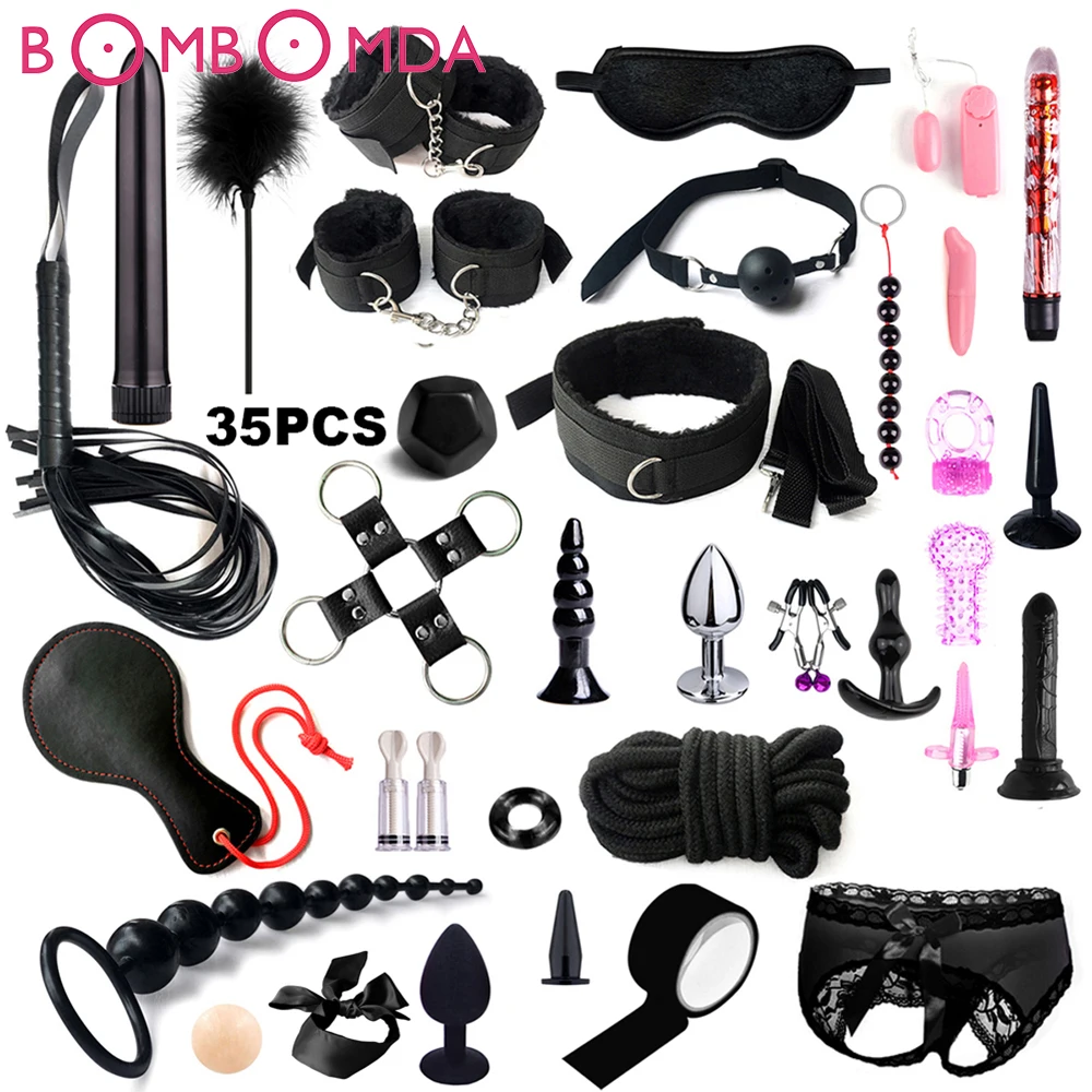 12/17/35 Pcs Adult SM Sex Products Women Sex toys Bdsm Sex Bondage Set Handcuffs Whip Anal plug Vibrator Dildo sextoy Sex Shop