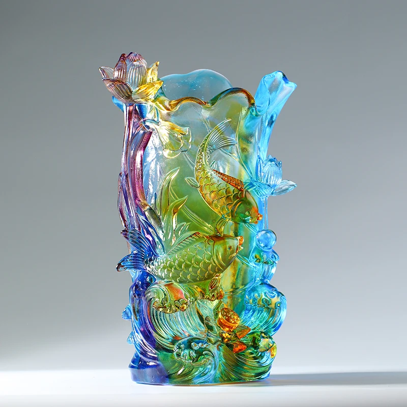 Luxury 3D Glass Vase Vivid Fish Lotus Flower Table Living Room Decor Home Garden Crystal Crafts Signify Fortune Richer Surplus