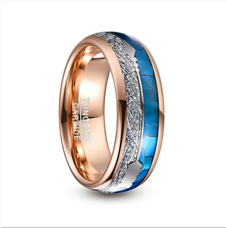 8mm Wide Tungsten Carbide Ring Rose Gold Inlaid Blue Shell Meteorite Arrow Dome Tungsten Steel Ring Wedding Men Jewelry