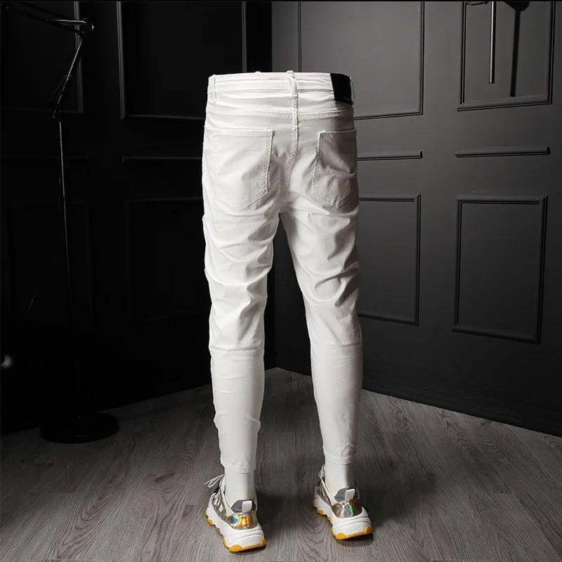 White Street Ankle-Length Jeans Men Hole Ripped Washed Pattern Denim Pencil Pants Male Fashion Summer New Biker Zipper Jeans