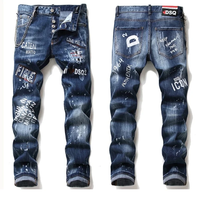 European American Style Blue Men Fashion Brand Jeans Pants Men Slim Jeans Patchwork Letter Moto & Biker Jeans Pants Hole Jeans