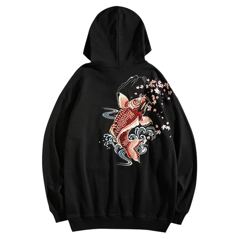 100% Cotton Spring Autumn Hoodies Men Hooded Carp Embroidery Sukajan Oversize Sweatshirt with Hood Male Coat Streetwear