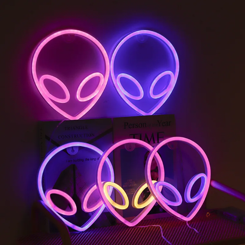 LED Alien Face Mask Neon Light Lamp Wall Hanging Sign Nightlight Bulbs for Decor Home Room Xmas Party USB + Battery Box Powered