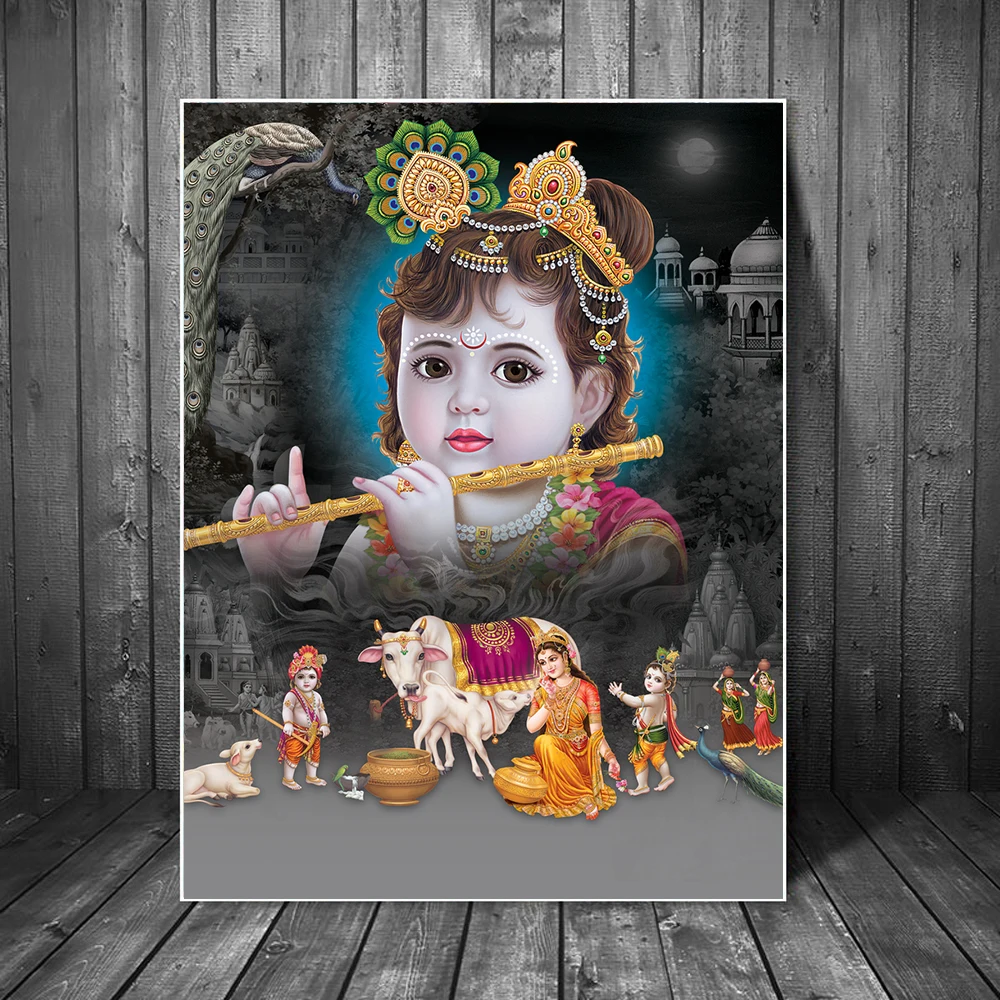 Hindu God Canvas Painting Lord Bal Krishna Religious Hinduism Posters and Prints Baby God Wall Art for Home Decoration Cuadros