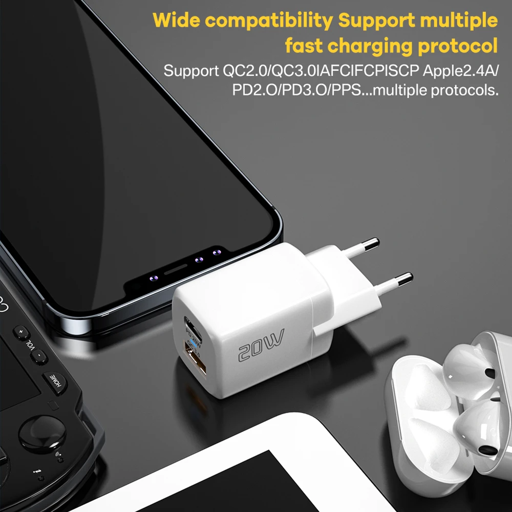 Mini carregador de telefone porta dupla tipo c carregador rápido 20w usb c carregador ue carga rápida para iphone 12 max ipad huawei xiaomi samsung