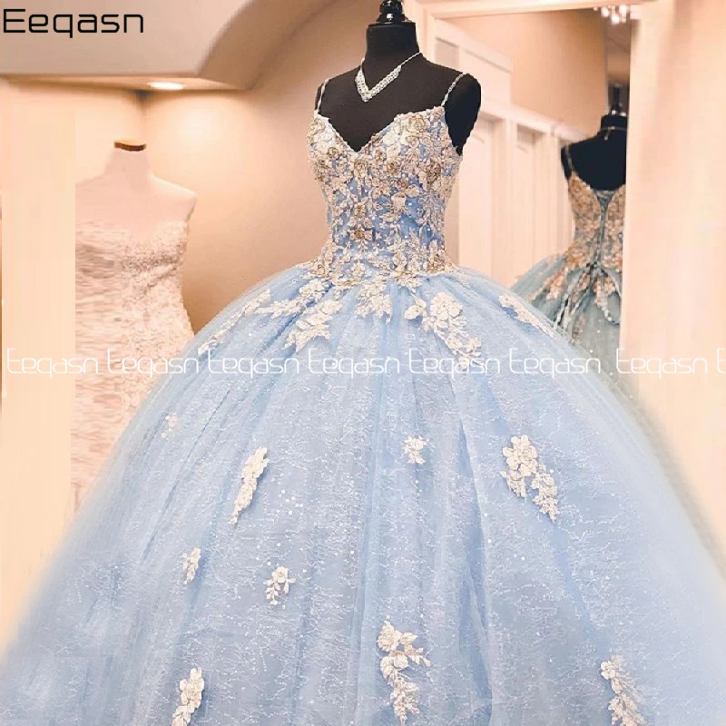 Gaun Biru Vestidos De XV Años Quinceanera Gaun Dansa Bermanik Applique Gaun Prom Rok Ruffles Gaun Pesta Manis 16"