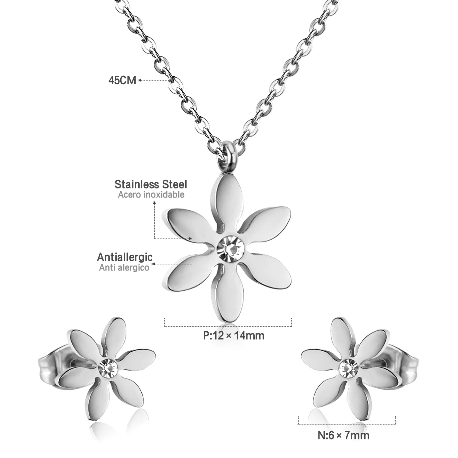 豪華なスチールのウェディングジュエリーセット,花の形をしたペンダント,キュービックジルコニアのイヤリング,ゴールドカラー,ブライダルパーティー