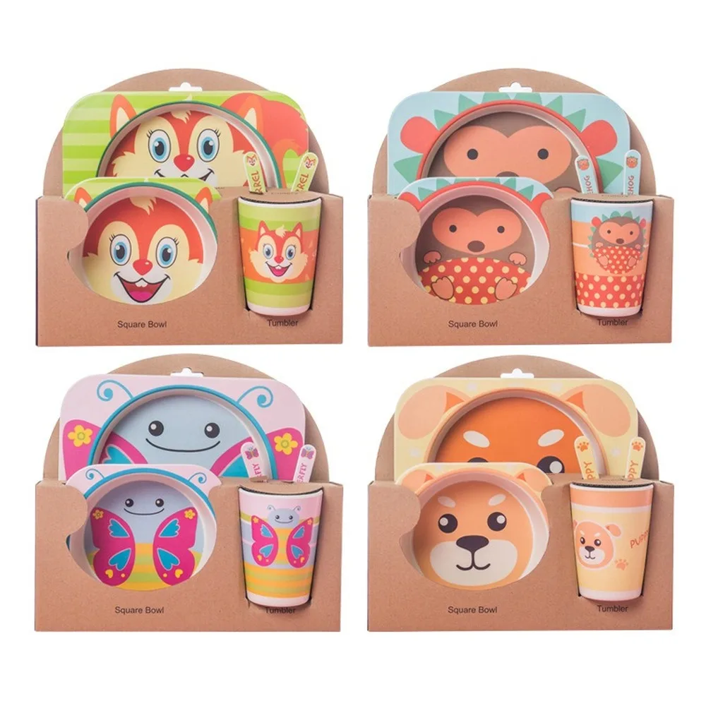 5 Pcs Cartoon Animals Bamboo Fiber Children Baby Kids Dinner Plate Bowl Cup Spoon Fork Set Solid Food Feeding Tableware Cutlery