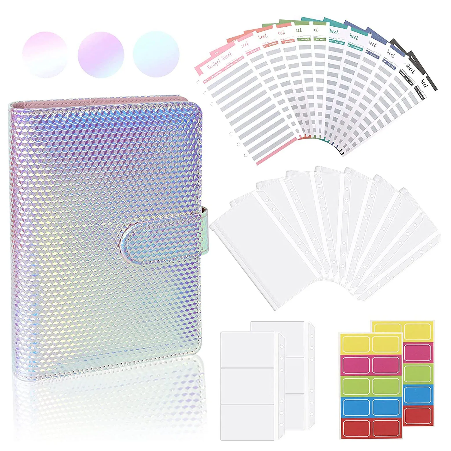 A6 PU Leather Binder Shiny Planner Organizer, Budget Cash Envelopes,Expense Budget Sheets,A6 Binder Zipper Pockets for Budgeting