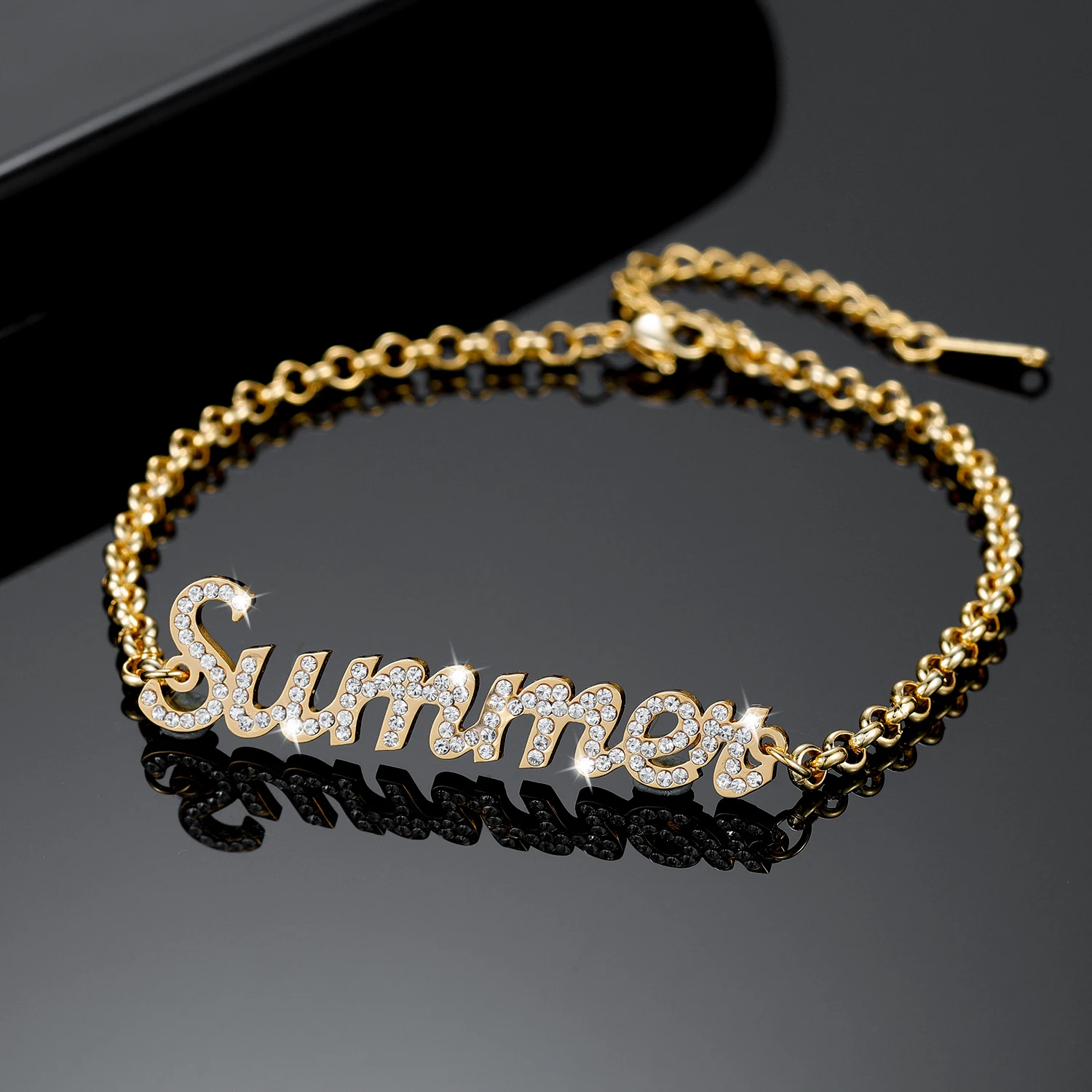 Custom Iced Name Bracelet Personalized Shiny Zircon Name Bracelet  Gold Stainless Steel Bangle Unfading Cuban Chain Jewelry Wome