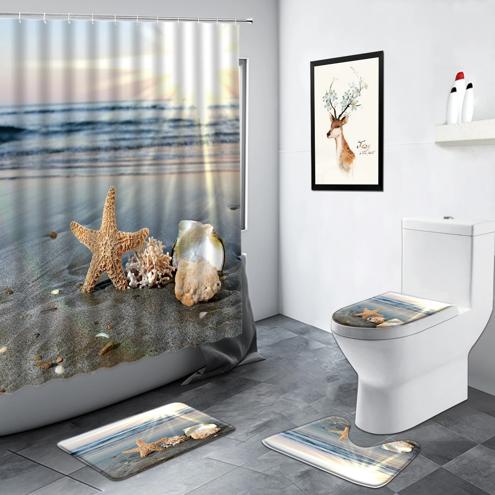 Sunny Beach Starfish Shell Ocean Landscape Shower Curtain Sea Waves Conch Natural Scenery Bathroom Decor Non-slip Bath Mats Set