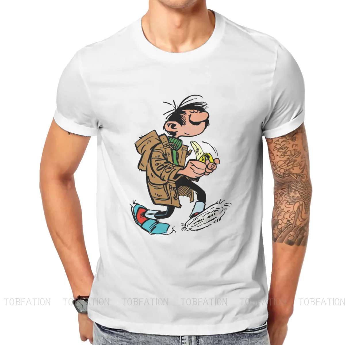 Guust Flater Eating Banana O Neck TShirt Gaston Lagaffe Comics Fabric Basic T Shirt Men Tops New Design Fluffy Hot Sale