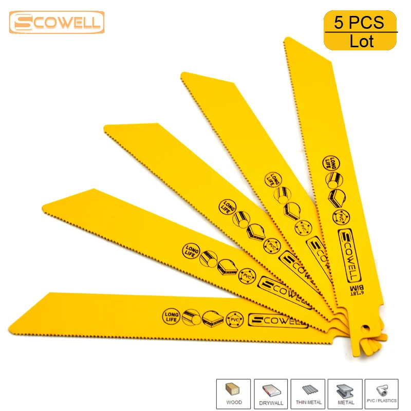 Confezione da 5 SCOWELL Bimetal 6 "pollici 18TPI Machinery Demolition Sabre lama per sega alternativa per Meta Cut accessori per elettroutensili fai da te