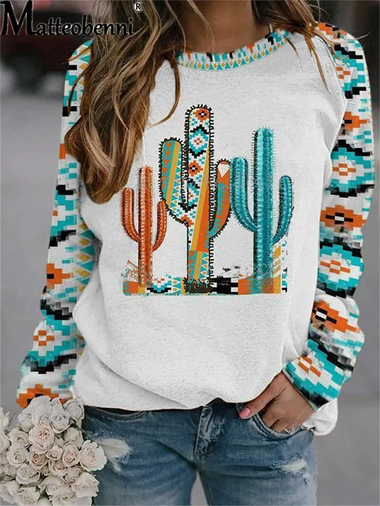 2021 Autumn Winter Retro Western Ethnic Geometric Print Sweatshirt Women\'s Casual Round Neck Vintage Loose Street Sweatshirts