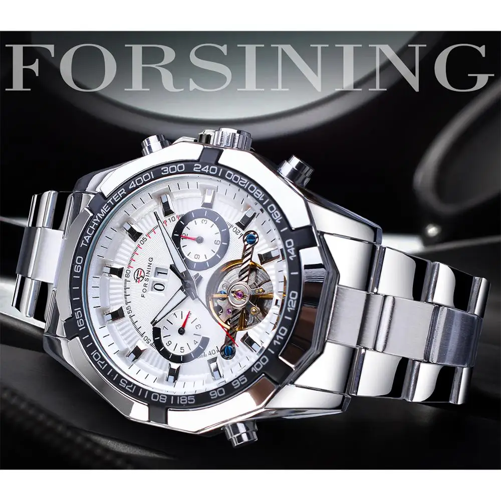 Forsining Machanical Watches Top Brand Luxury Automatic Wrist Watches Silver Stainless Steel Week Date Tourbillon Male Clocks