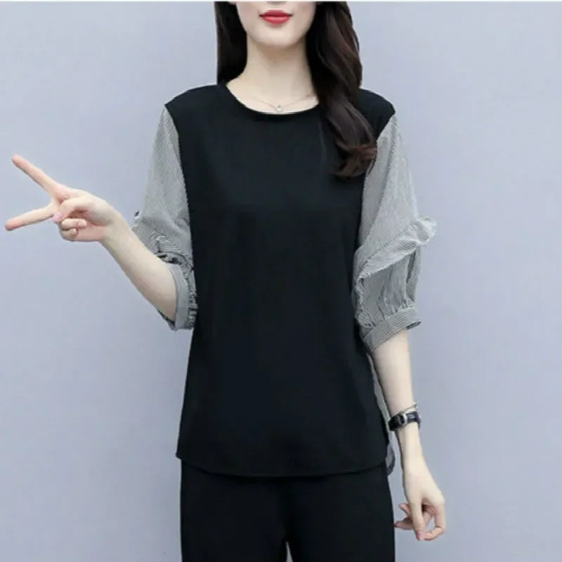 2024 Summer New Women Single Piece/Suit Sports Style Female Wear Belly Stripe Set T-Shirt Top Round Neck Two-Piece 2PCS