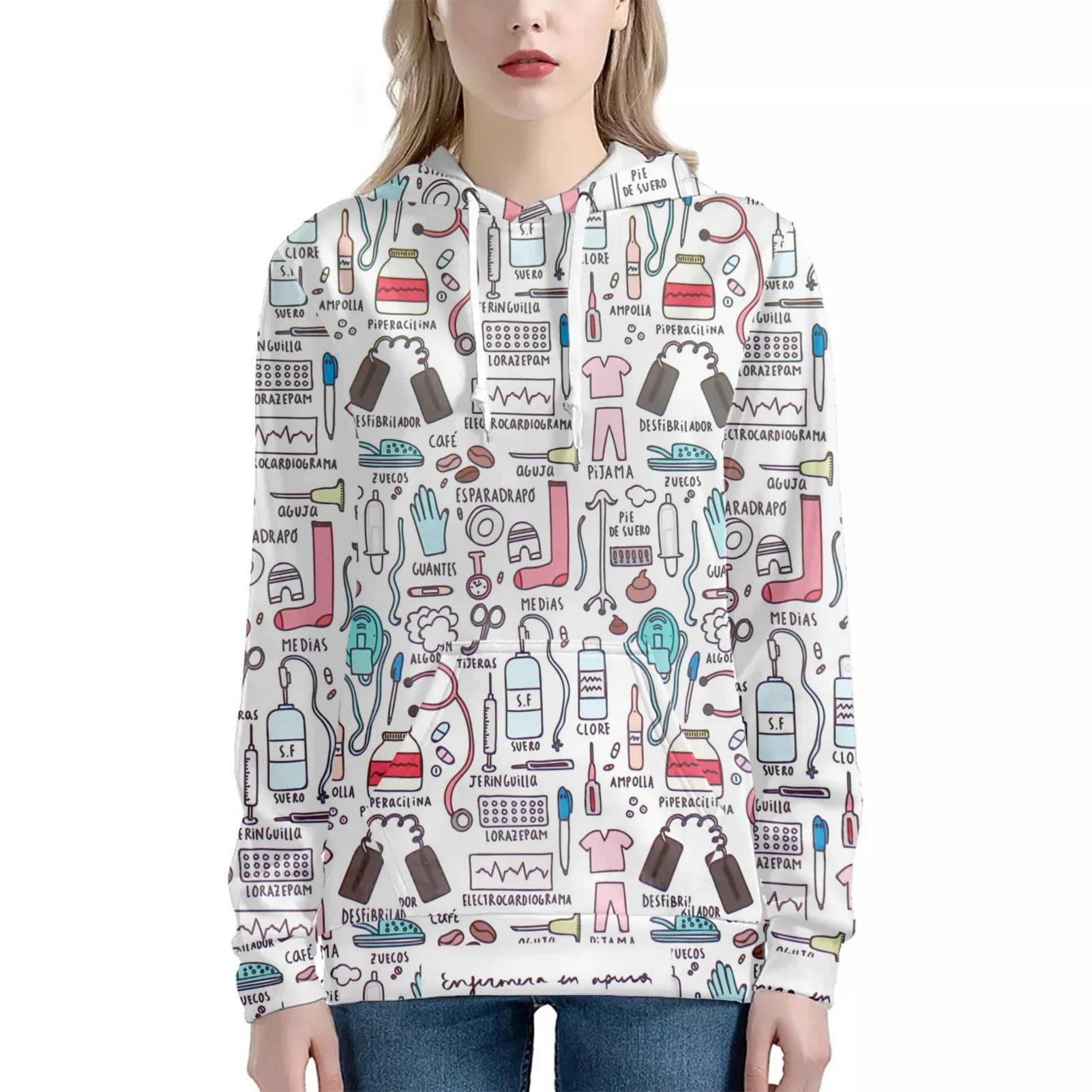

NOISYDESIGNS Cute Nurse Print Hoodies For Women Long Sleeved Loose Pullover Pocket Sweatshirts Big Size Tops Jackets Mujer