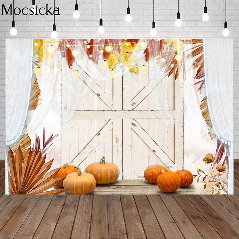 Fall Photography Backdrop White Wood Door Floor Autumn Pumpkin Maple Leaf Baby Shower Birthday Party Kid Background Photo Studio