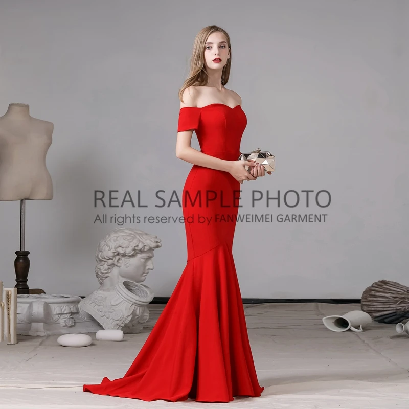 970# 100% Real Photos Off Shoulder Plain Red Satin Mermaid Evening Dress Prom Gown Enaggement Party Dress Customized image 4