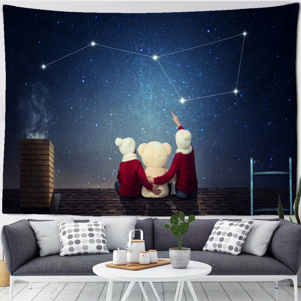 Christmas Starry Sky Cottage Tapestry Cartoon Holiday Gift Wall Hanging CuteSkiing Old Man HomeBackground Decor