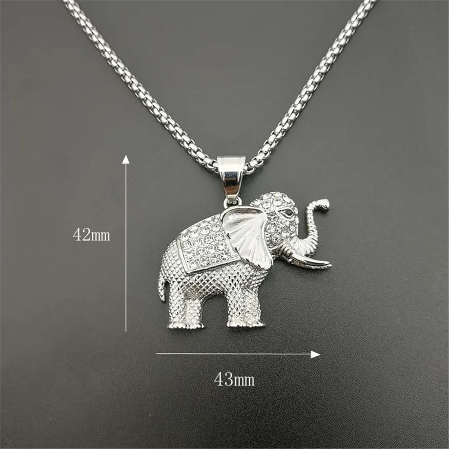 Iced Out Zircon Elephant Pendant Animal Necklace Jewelry Gold Color Stainless Steel Bling CZ Men\'s Hip Hop Pendant For Women