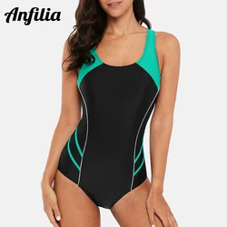 Anfilia One Piece Women Sports Swimwear Sports Swimsuit Patchwork Beachwear fitness slim Bathing Suit Padded Bikini Monikini