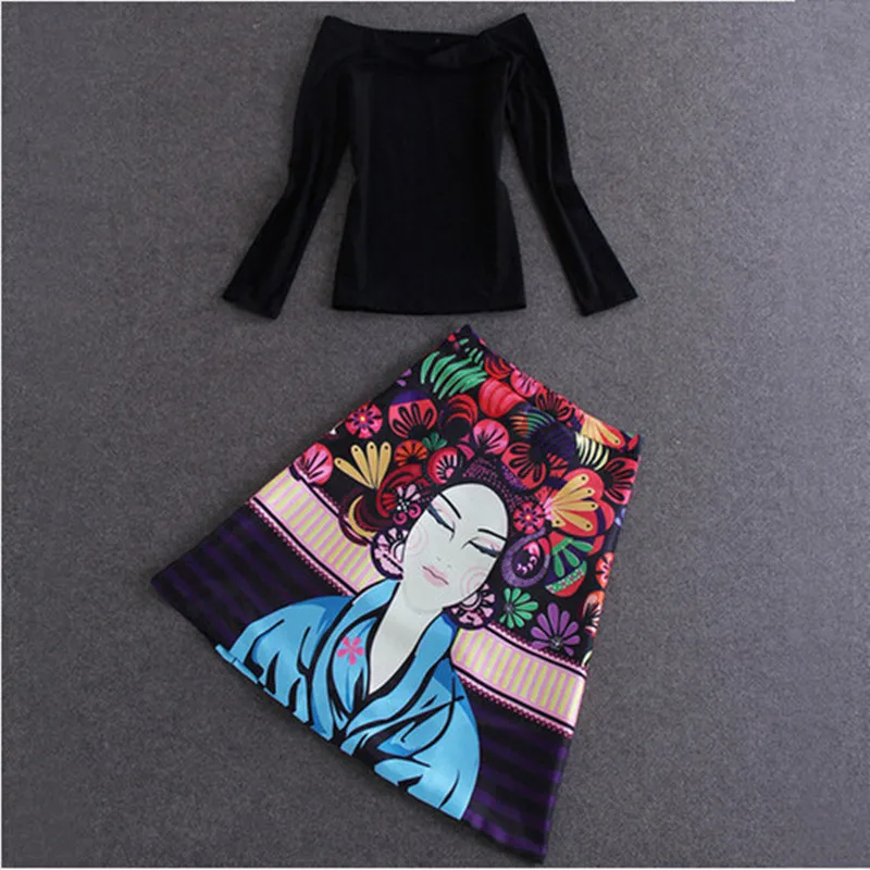 

2020 Fashion Runway Summer Skirt Suit Women's Short Sleeve Slash Neck Tees + Cartoon Print High Waist Skirt Set