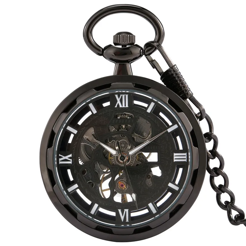 Reloj de bolsillo mecánico con esfera de números romanos Steampunk Unisex, bobinado a mano, cara abierta con cadena colgante, reloj de regalo