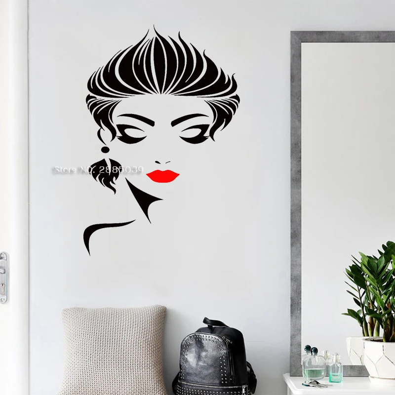 Hair Salon Wall Decal Shopwindow Sticker Beauty Salon Red lips Woman Face Hairstyle Murals For Glass Decor Vinyl Decals LC1733