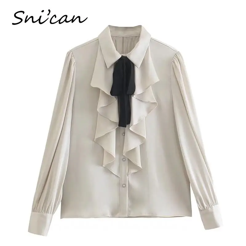 Solid Ruffle Blouse With Black Bow Fashion Office Ladies Satin Shirts Female Femme Chandails Women Fashion Chic Tops Snican