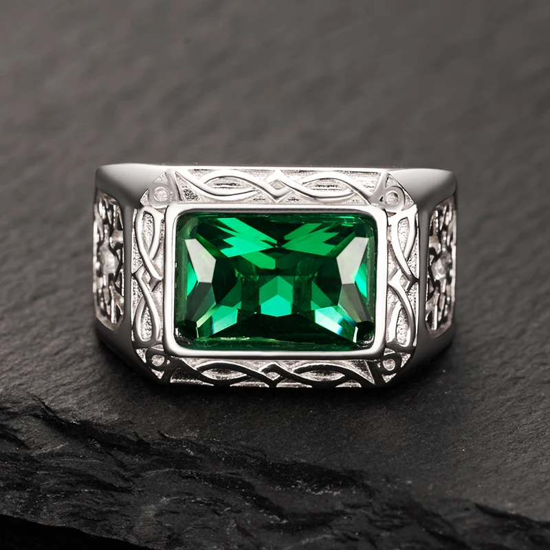 Valily Green CZ Cut Carving Wedding Rings Stainless Steel Vintage Band Jewelry for Women & Men US Size7-13