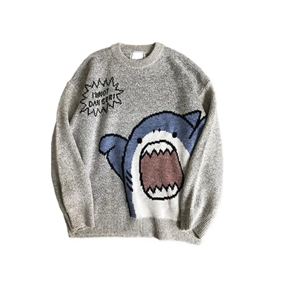 40%HOTWomen\'s Men\'s Sweater Cartoon Shark Print Round Neck Long Sleeve Sweater Top Student Sweater Everyday Loose Sweater