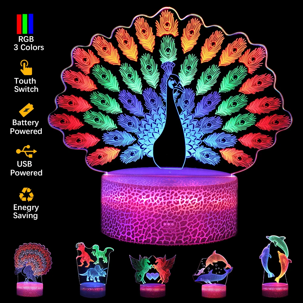 3 Acrylic Plates 3D Night Lights Touch Control Colorful LED Lamp 3D Peacock Animal Light Kids Gift Creative Bedroom Decor D30