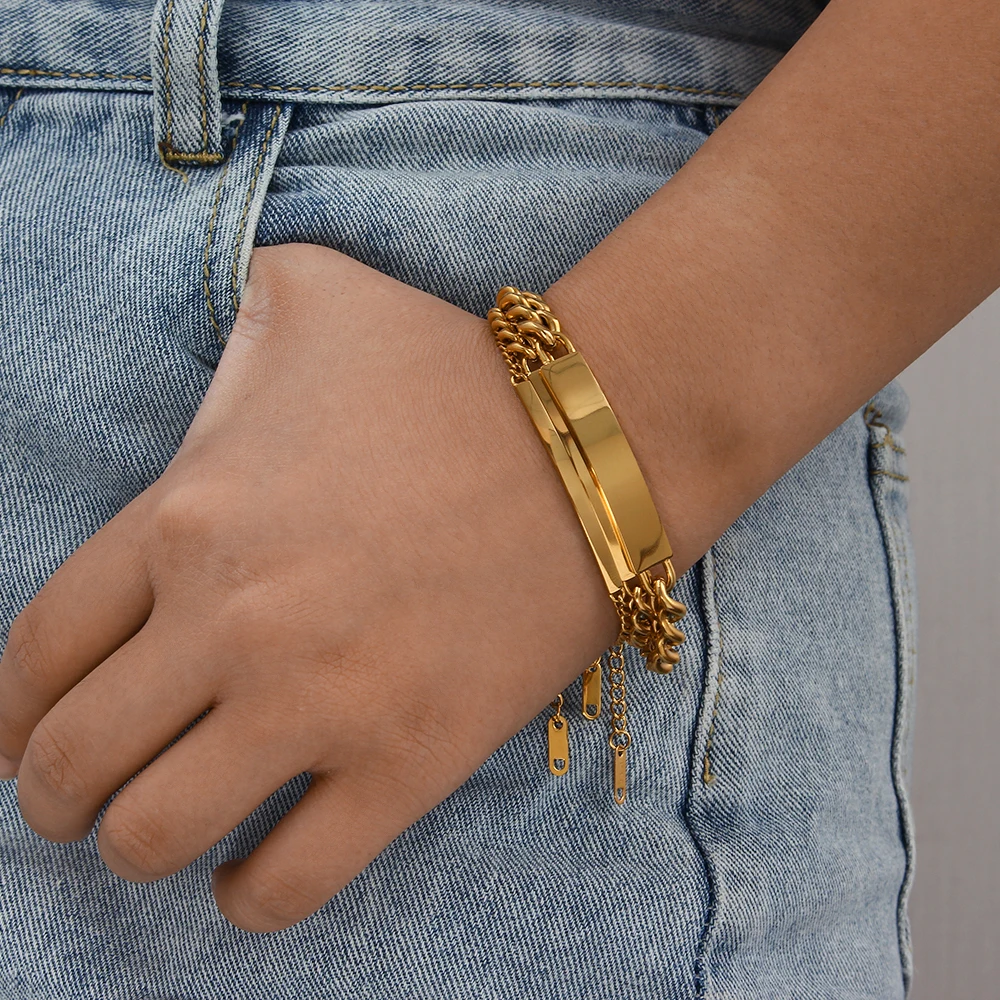 2021 New Fine Polished Bar Plate Charm Cuban Chain Bracelet Bangles For Women 18K Gold Plated Stainless Steel Jewerly For Women