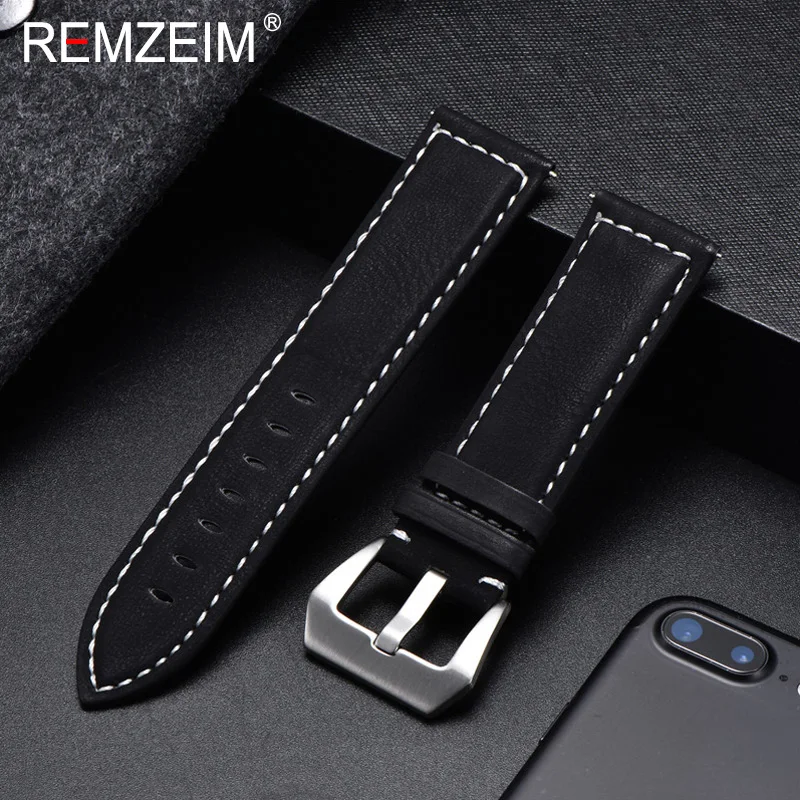 REMZEIM Vintage Brown Leather strap 18mm 20mm 22mm 24mm for Men Women Replacement Watchband Watches Bracelet Solid Buckle