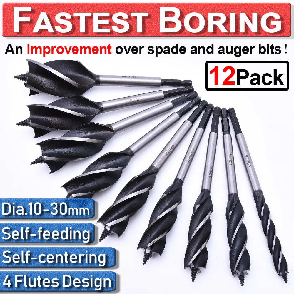 12Pcs SPEED Fast Cut Spade Bits Auger Wood Drill Bits Holesaw Joiner Carpenter Self-feed Boring 10-35mm Wood Cut Auger Bits D30