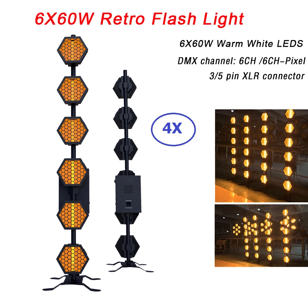

4Pcs/Lot New Design Black Light 6X60W Warm White LED Retro Flash Light Dj Lighting Effect Laser Projector Light For Wedding Dj