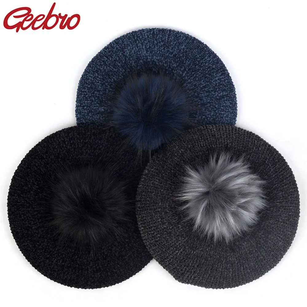 Geebro Female Winter Warm Knitted Chenille Berets With Faux Fur Pom Pom Elegant Women Hats Girl Bonnet Caps Plain Hat Beret