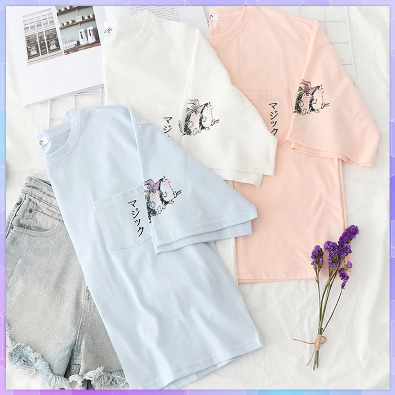 

Lovely Hedgehog Print Women's Tee Shir Girl Kawaii Harajuku Cotton T-shirt Graphic Tops Summer Short-Sleeve T-shirts Casual Top